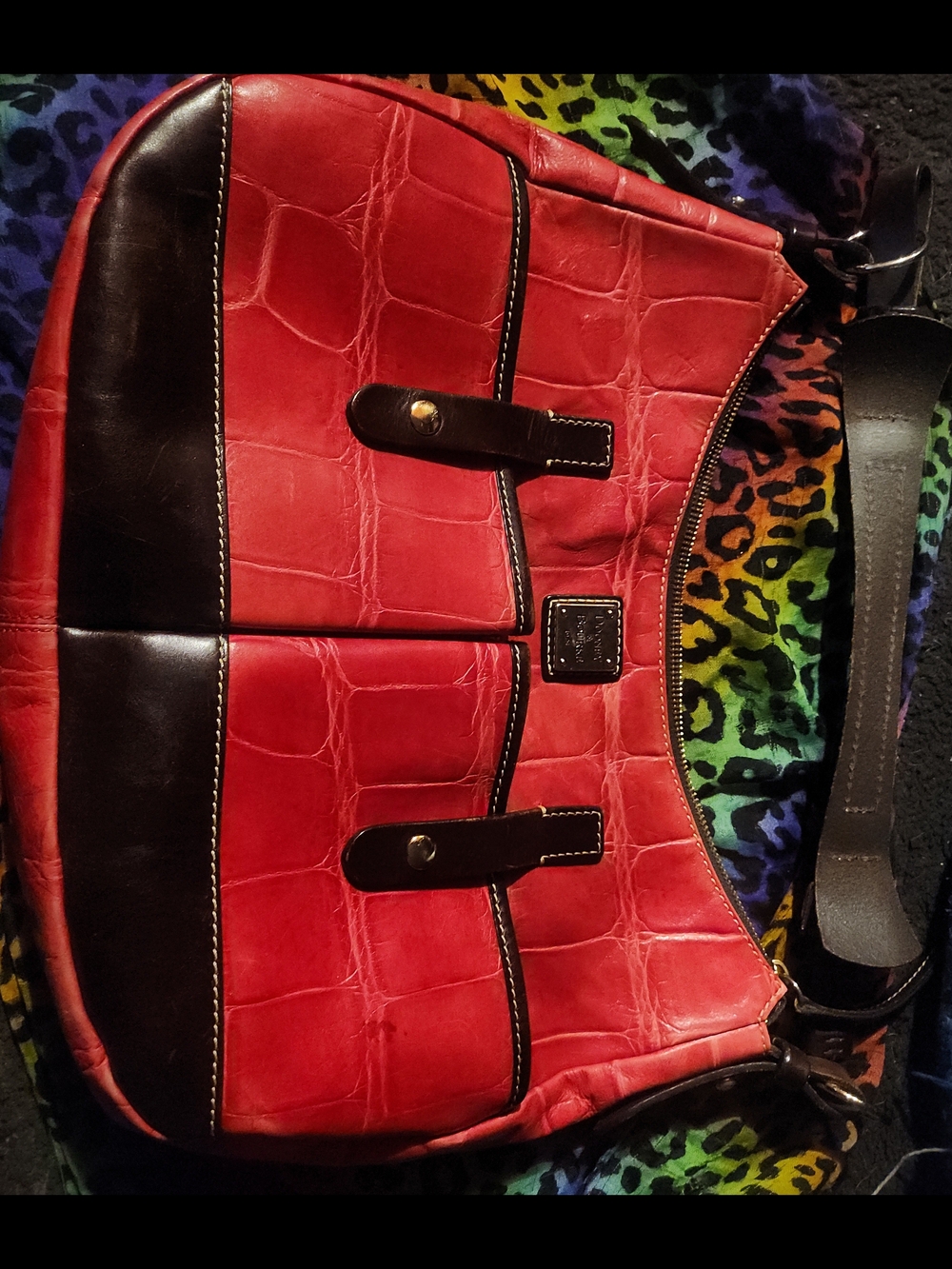 Red Croc-Embossed Shoulder Bag with Dark